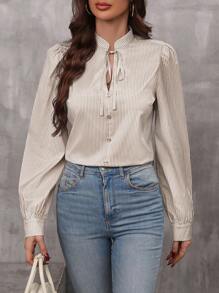 SHEIN LUNE Camisa Camisa Feminina de Mangas Bufantes com Impressão de Listras Verticais, Camisa de Manga Longa - Caqui - Visão 5