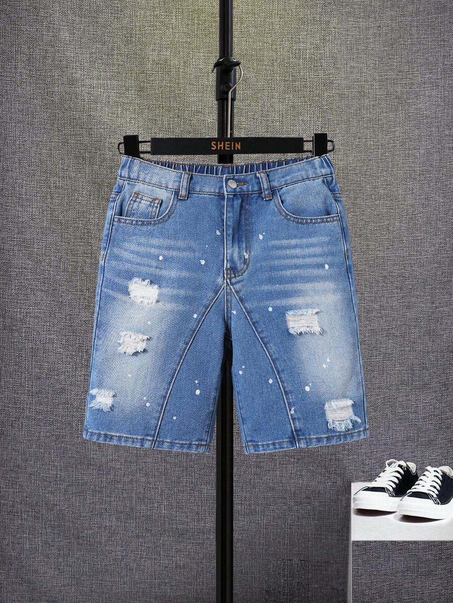 SHEIN Quần short denim ống đứng rách tua rua màu xanh nhạt cho bé trai tuổi teen, mùa hè. - Rửa nhẹ - Xem 1