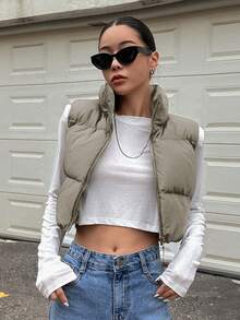 DAZY Stand Collar Zipper Front Short Vest Padded Coat - Army Green - View 2
