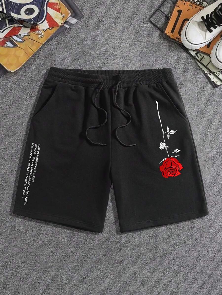 Manfinity Roghcode Pantalones cortos con cordón de cintura con estampado floral y eslogan para hombres, pantalones cortos de sudadera con cordón de moda para salir, regalo para esposo o novio - Negro - Ver 1