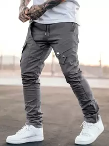 Manfinity Roughcore Men's Drawstring Waist Cargo Pants, Fall - Dark Grey - View 3