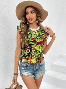 SHEIN VCAY Tropical Printed Padded Shoulder T-Shirt - Multicolor - View 4