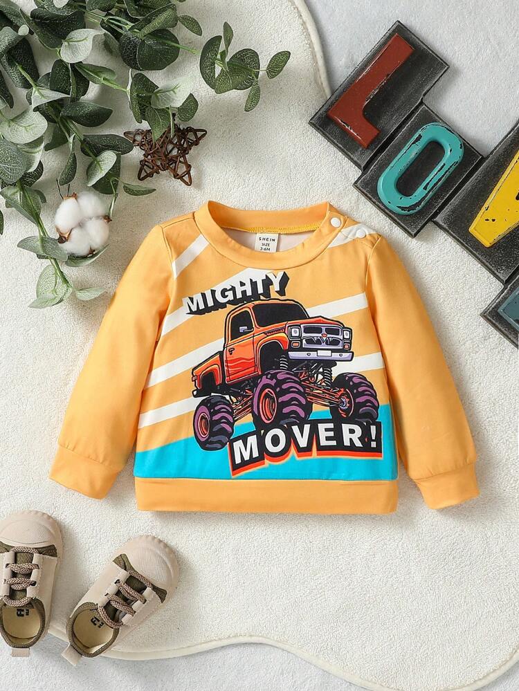 1pc Infant Boys' Cartoon Car And Letter Printed Sweatshirt, Cute And Casual For Daily Wear In Spring
