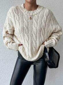 EURMUSE Cable Knit Drop Shoulder Sweater - White - View 4