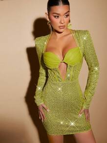 SHEIN Unity Cắt ra Buộc lại Kim sa Đầm ôm sát ngực - Màu Mù tạt vàng - Xem 1