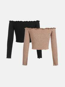 SHEIN 青少女針織排列邊飾無肩長袖t恤2件套裝 - 彩色 - 查看 2