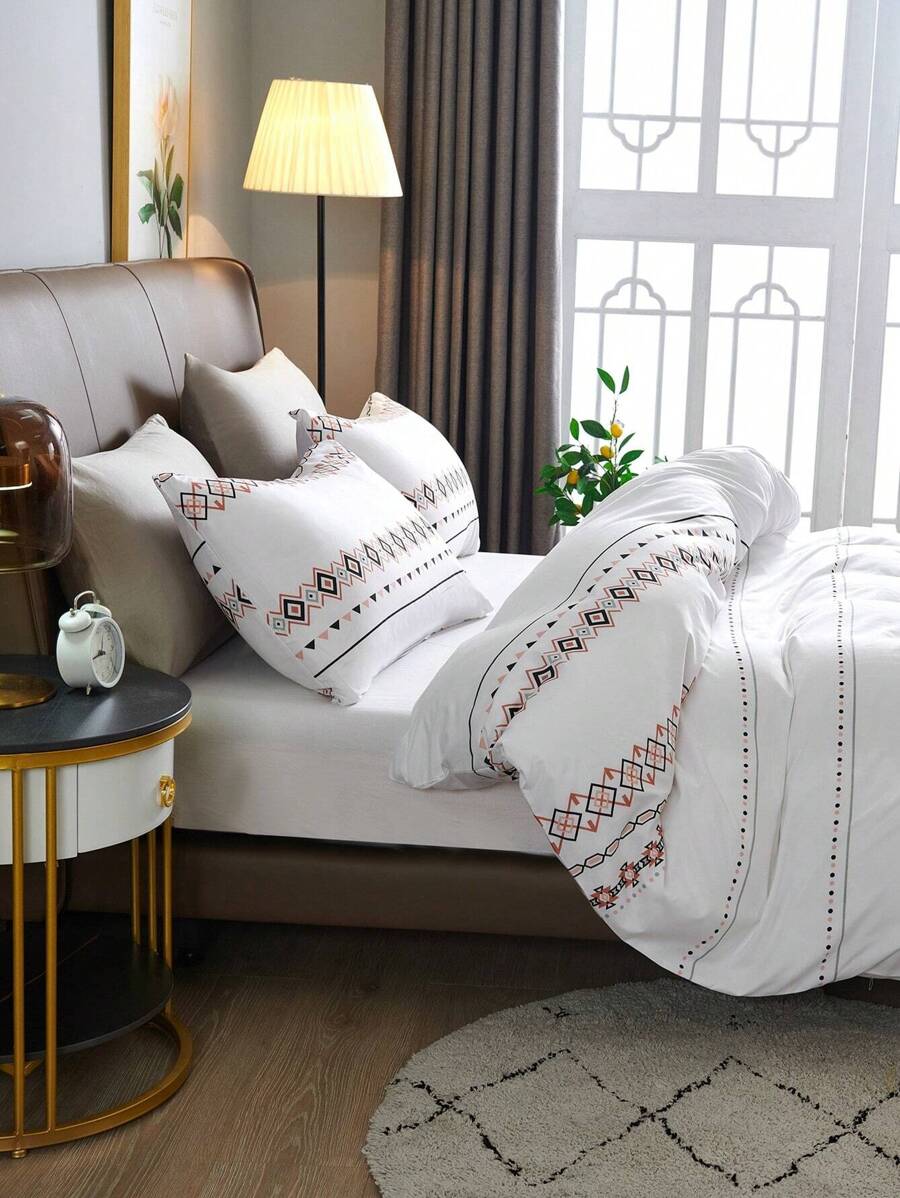Brushed Microfiber White Boho Pattern Printed Bedding Duvet Cover Set, Includes Duvet Cover + Pillowcase, Dorm Bedding Back To School Bedding - White - View 1