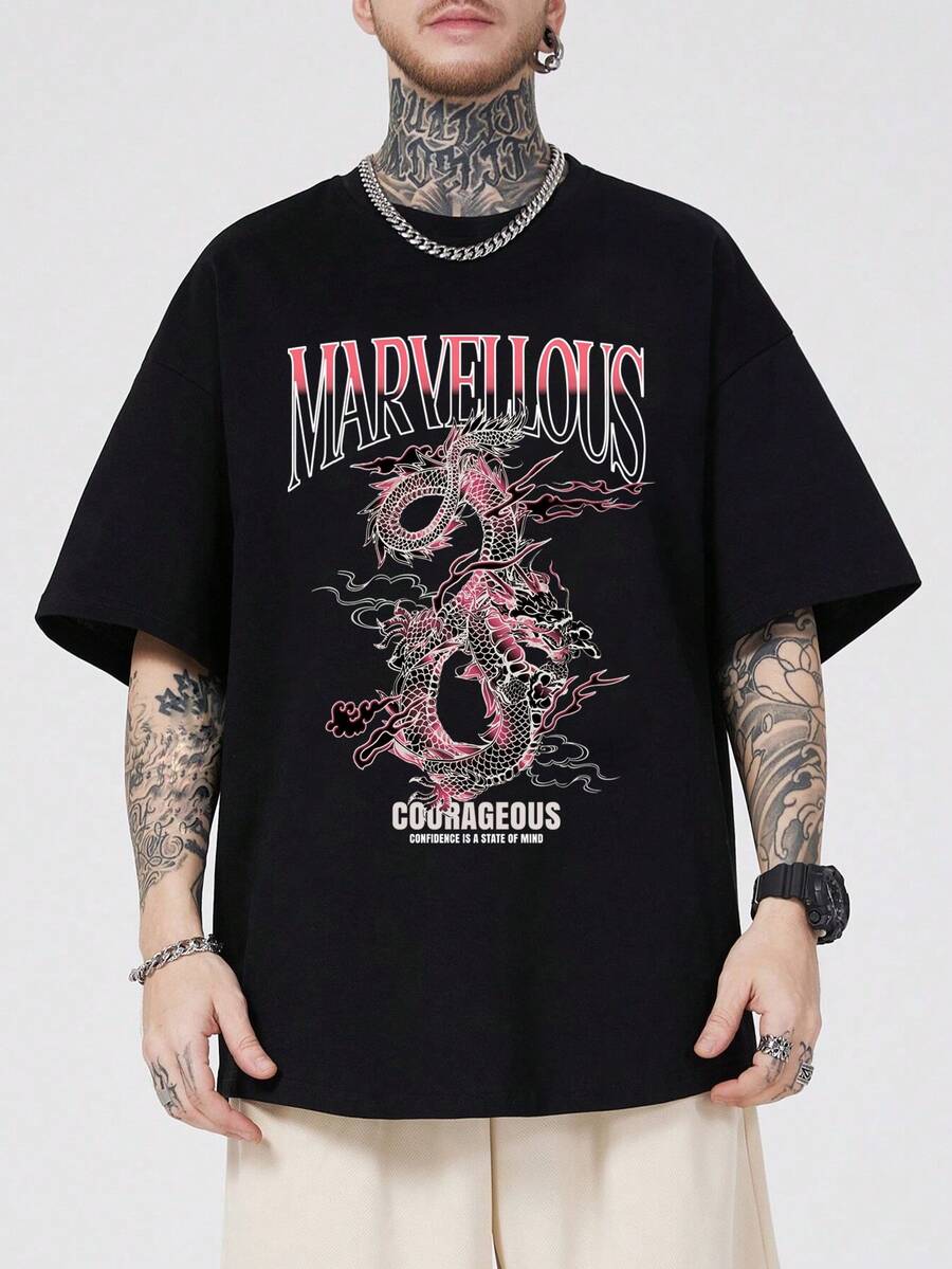 Manfinity EMRG 男士字母&龍印花針織短袖t恤 - 黑色 - 查看 1