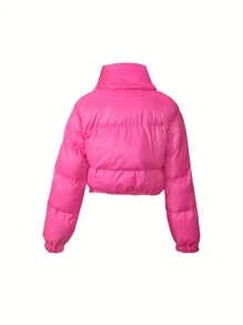 Women European & American Style Short Stand Collar Zipper Front Warm Jacket - Hot Pink - View 2