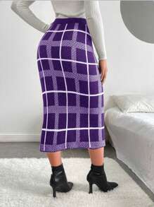 Chiquease Plaid Patterned Side Slit Sweater Skirt - Purple - View 2