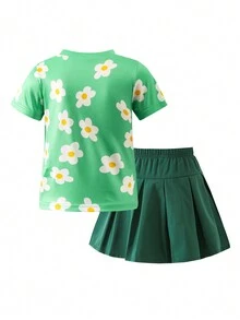 2入組幼兒女童可愛花朵和臉部短袖t卹和褶皺裙,適用於春夏季 - 綠色 - 查看 5