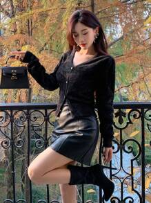DAZY Áo khoác len cardigan một hàng khuy cho nữ, Quần áo mùa thu cho nữ - màu đen - Xem 4