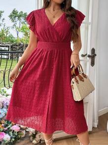 SHEIN Franclia Kích thước lớn Thêu Đầm Với Bọc Đường viền cổ áo , Ruffle Và Lỗ nhỏ Chi tiết - Đỏ - Xem 3