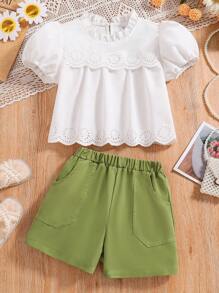 Conjunto De Pantalones Cortos Con Cintura Elástica Y Top Con Mangas Abullonadas Y Bordado De Ojales Para Niña Tween - Blanco - Ver 1