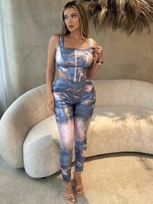 SHEIN SXY Quần legging nhuộm tie-dye cho nữ, thích hợp cho mùa xuân hè, tiệc độc thân, kỳ nghỉ xuân, sinh nhật, ngày Valentine, gợi cảm, chất liệu kim loại. - Màu xanh lam - Xem 1