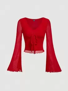 SHEIN MOD Knot Front Bell Sleeve T-Shirt,Valentine Outfits,Valentine Outfits