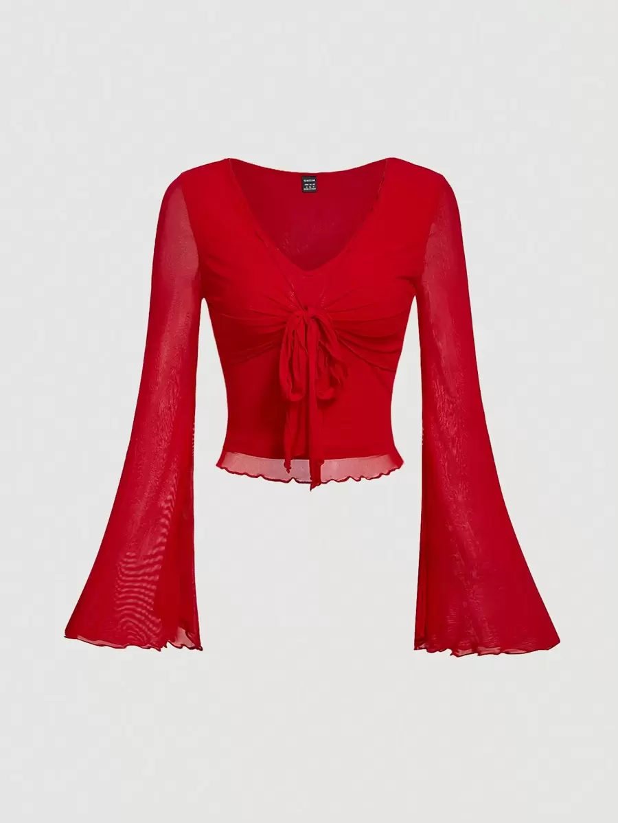 SHEIN MOD Knot Front Bell Sleeve T-Shirt,Valentine Outfits,Valentine Outfits