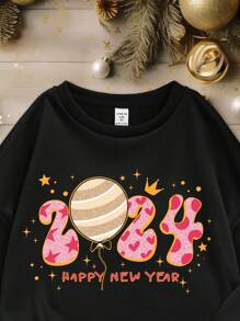 Tween Girls' Casual Slogan Print Long Sleeve Round Neck Fleece Sweatshirt, Suitable For Autumn And Winter - Black - View 3
