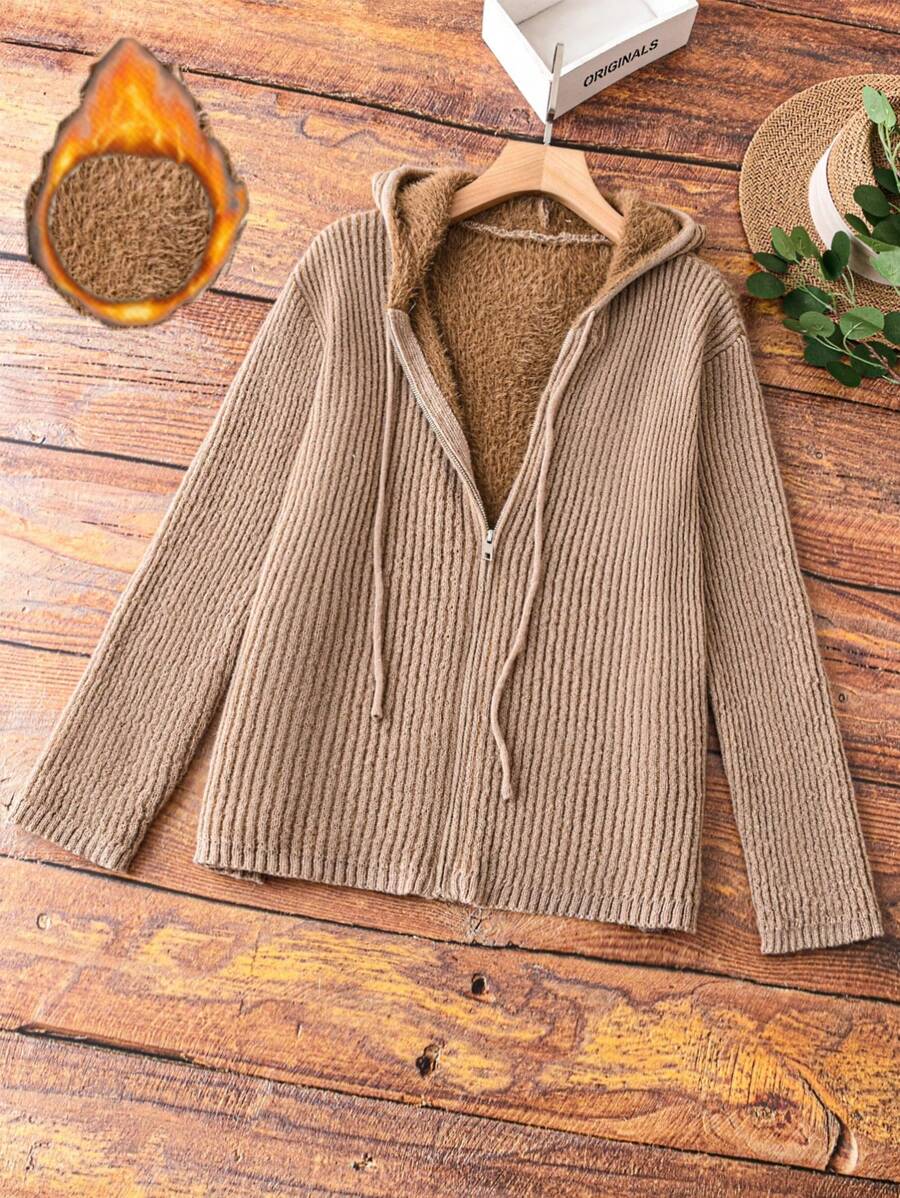 SHEIN LUNE Plus Size Warm Lined Zip Front Hooded Cardigan - Camel - View 1
