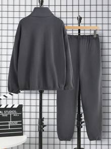 Men'S Half-Zip Sweatshirt And Joggers Tracksuit Set With Letter Patch - Grey - View 2