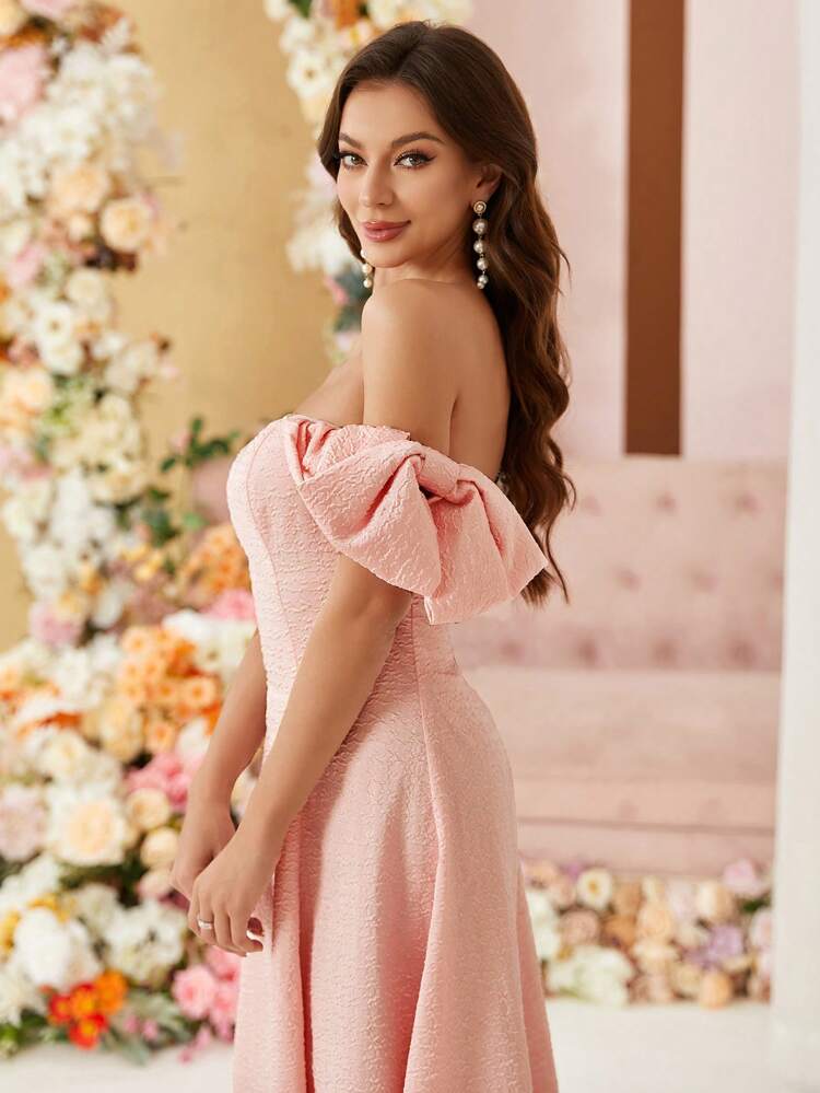 Woven Jacquard Fabric Off Shoulder Elegant Women's Cocktail Dress