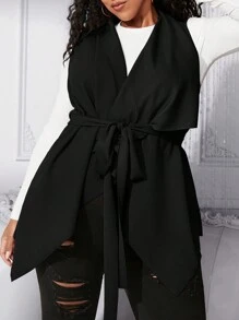SHEIN CURVE+ 大尺碼女式束帶無袖外套 - 黑色 - 查看 1