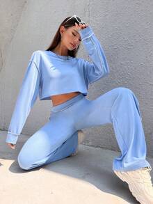 SHEIN Unity Stitching Trim Drop Shoulder Crop Pullover & Pants - Blue - View 6