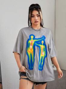 SHEIN EZwear Kích thước lớn Nam In thư Áo thun Với Đổi màu nóng Đồ họa - Xám - Xem 6