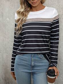 EMERY ROSE 撞色条纹长袖T恤 女式印花T恤 春秋季女式上衣 - 黑色 - 查看 6
