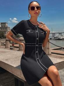 Knit Mix Crew Neck Waisted Sweater Dress (Pattern Randomly Assorted) - Black - View 3