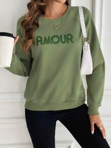 SHEIN Frenchy Letter Print Raglan Sleeves Long Sleeve Sweatshirt In Fall/Winter Green Casual Christmas Spring