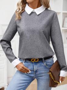 SHEIN LUNE 女士彩塊翻領長袖襯衫