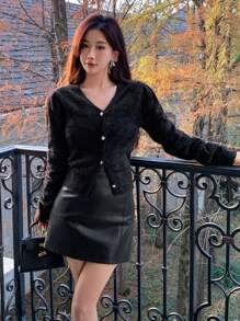 DAZY Áo khoác len cardigan một hàng khuy cho nữ, Quần áo mùa thu cho nữ - màu đen - Xem 3