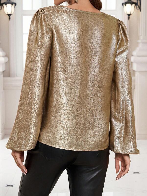 Women'S Lantern Sleeve Metallic Shirt SHEIN USA
