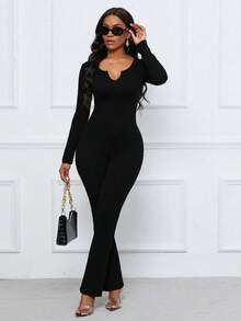 SHEIN Unity Solid Color Slim Fit Jumpsuit With Notched Collar And Flared Bottom - Black - View 6