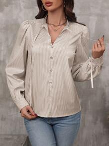SHEIN LUNE Camisa Camisa Feminina de Mangas Bufantes com Impressão de Listras Verticais, Camisa de Manga Longa - Caqui - Visão 3