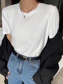 DAZY Basic Round Neck Solid Color Short Sleeve T-Shirt For Women - White - View 1