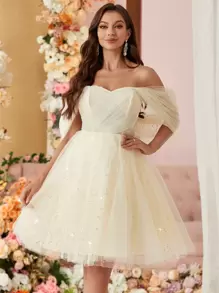 SHEIN Belle 女士露肩亮片網紗a字晚禮服 - 白色 - 查看 4