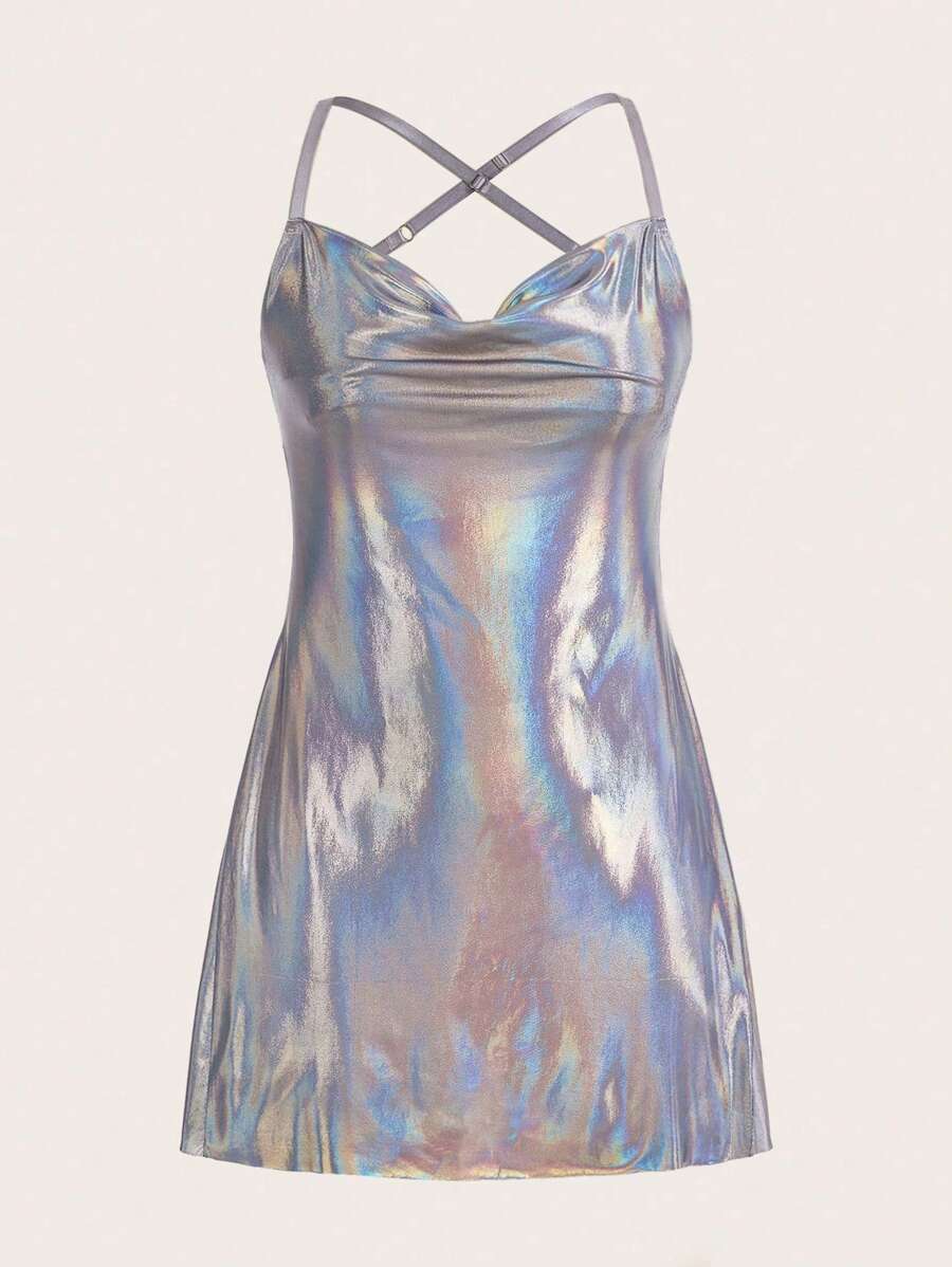 SHEIN ICON 鐳射垂領露背交叉吊帶洋裝 - 銀色 - 查看 1