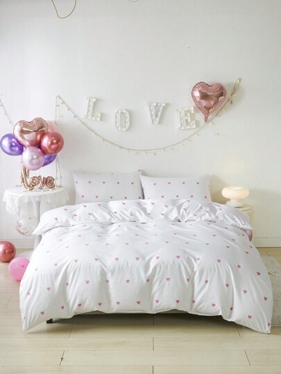 3Pcs/Set White Pink Heart Shaped Love Pattern Print Duvet Cover Set Without Filler Breathable Supersoft All-Season (1pc*Duvet Cover + 2pcs*Pillowcase, No Pillow Core), Soft Two Tone Design Bedding Set For Ideal For Bedroom, Guest Room, Dormitory, 1pc Duvet Cover With 2pcs Pillowcase (Without Filler)Machine Washable King Queen Full Twin Size Domitory Bedding Back School Bedding