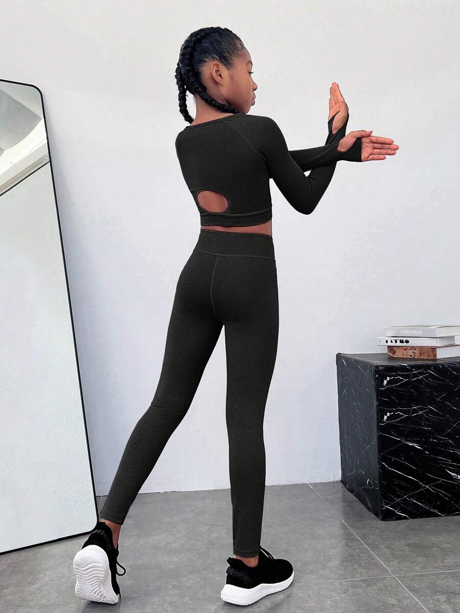 SHEIN Ropa Deportiva De Compresión De Color Sólido, Cómoda E Informal Para Niñas Preadolescentes - Negro - Ver 1