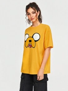 ADVENTURE TIME X SHEIN 卡通图案圆领黄色可爱 T 恤