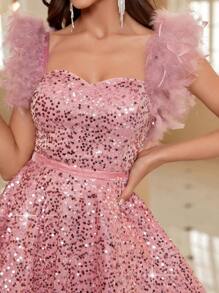 SHEIN Belle Vestido corto de cóctel de línea A para mujer con tirantes y dobladillo con lentejuelas, elegante vestido de graduación, boda o fiesta, para cumpleaños, graduación, regreso a casa - Rosa - Ver 3