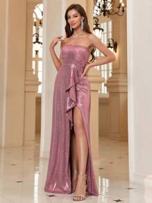 SHEIN Belle Strapless, Sequined, High Slit, Ruffled Detail Evening Dress