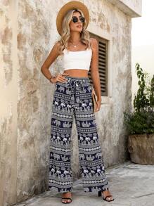 EMERY ROSE 女士手掌樹與大象印花長褲 - 藍色 - 查看 4