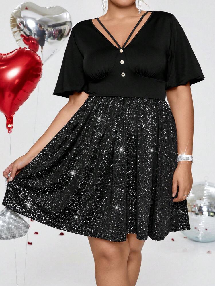 Plus Size Women's V-Neck Glittery Hemline Dress