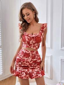 SHEIN Unity Women'S Plant Printed Casual Two-Piece Set - Red - View 4