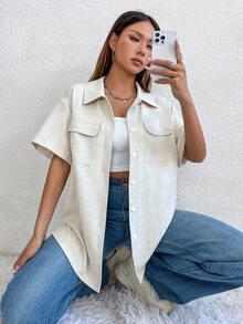 SHEIN Unity 翻蓋口袋和下垂肩袖的襯衫 - 米色 - 查看 4