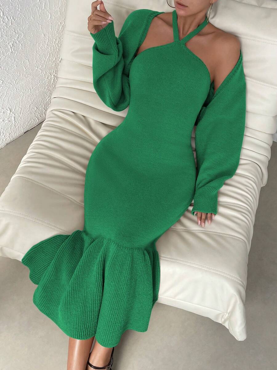 SHEIN Privé Ruffle Hem Halter Neck Sweater Dress And Cardigan - Green - View 1