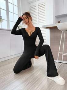 SHEIN Unity Solid Color Slim Fit Jumpsuit With Notched Collar And Flared Bottom - Black - View 1